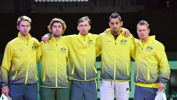 Jordan Thompson [middle left] has backed Canberra to host a Davis Cup tie which would bring home Nick Kyrgios. 