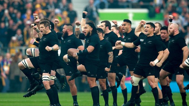 The New Zealand team perform the Haka before the 2015 Rugby World Cup Final