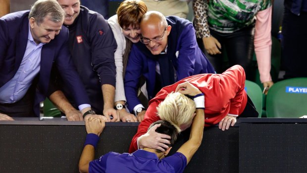 Novak Djokovic hugs his coach Boris Becker.