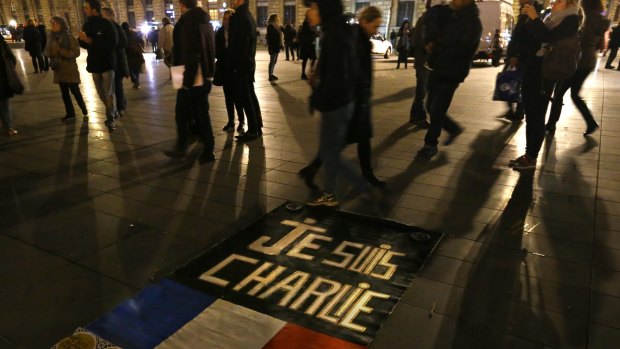 A banner reading "Je suis Charlie" on the Place de la Republique in Paris last night.
