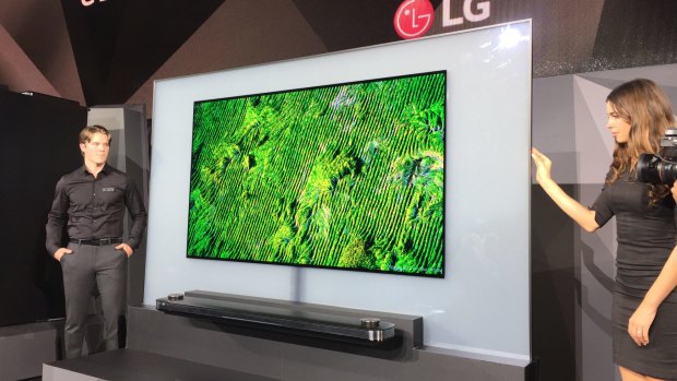 LG's super-thin "wallpaper" OLED television, on show at CES in Las Vegas.