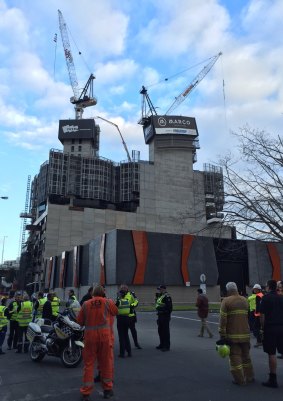 Emergency services at the site of the partial crane collapse.