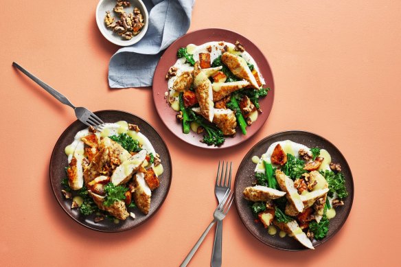 Healthy and delicious: Cumin chicken with pumpkin and garlic yoghurt.