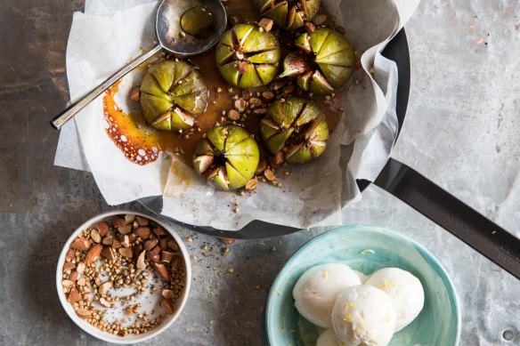 Roasted figs with yoghurt thyme ice-cream.