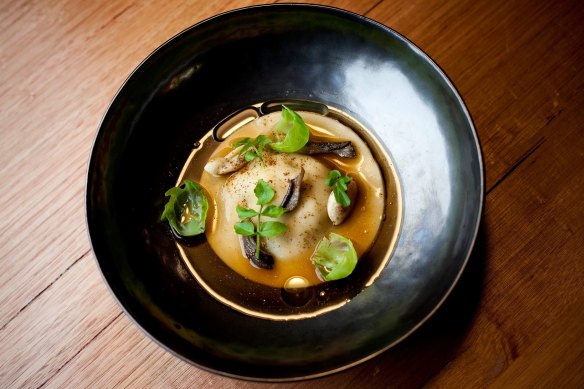 Go-to dish: Mushroom and chestnut raviolo with porcini brodo.