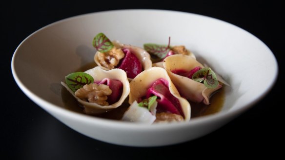 Beetroot tortellini with poppyseed butter.