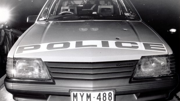 The car showing bullet holes in which two policemen were shot in Noble Park by 'Mad Max' Pavel Marinof in 1985.