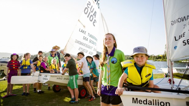 After ongoing health hazard restrictions left them high and dry Lake Tuggeranong Sea Scouts set sail on Friday. Front, Stephanie Kerr 14, and Kieran Greenwood 8.
