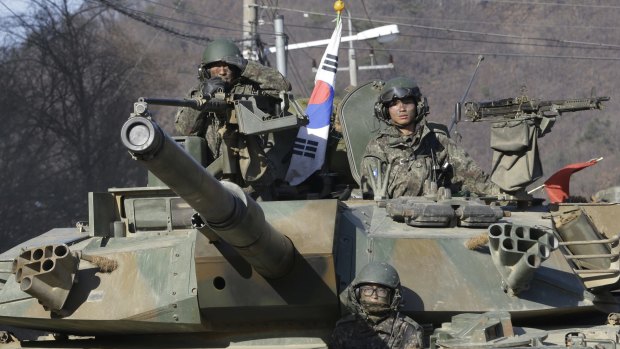 South Korean army soldiers during their annual exercise with their US counterparts in Paju, near the border with North Korea, on Thursday.