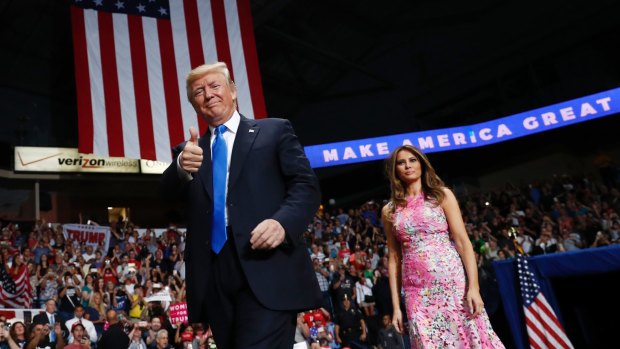 President Donald Trump and first lady Melania Trump arrive for a rally in Youngstown, Ohio, on Tuesday.