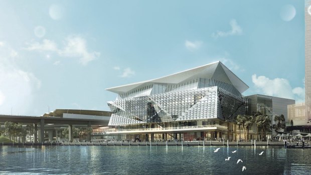 Artist impression of the new convention centre for Darling Harbour, courtesy of Hassell + Populous, as project architects of the International Convention Centre, Sydney.


