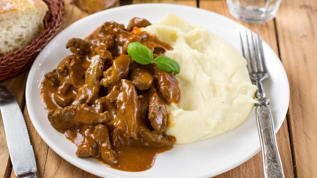 Beef stroganoff - a dish said to have been invented in St Petersburg - in tomato gravy with sour cream served with mashed potatoes
 