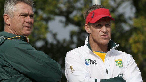 Watching from the sidelines: Jean de Villiers' World Cup was cut short by a broken jaw.