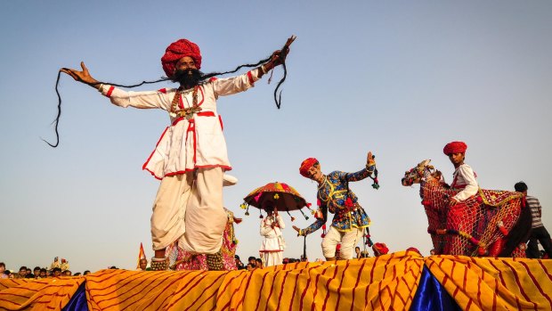 Rajasthani folk dancers perform in Pushkar, India. 