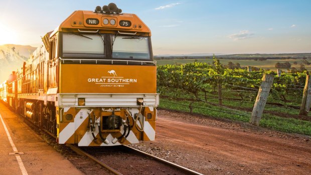 The livery of the diesel engine which will pull the first Great Southern train is a "sunset-inspired burnt orange".