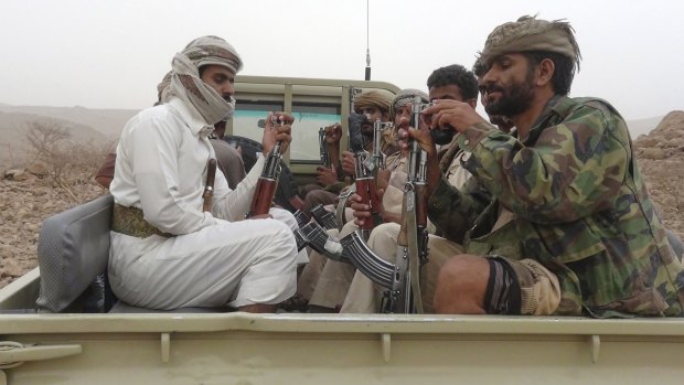 Armed Yemeni tribesmen from the Popular Resistance Committees, supporting forces loyal to Saudi-backed fugitive President Abedrabbo Mansour Hadi in Sirwah, east of Sanaa.