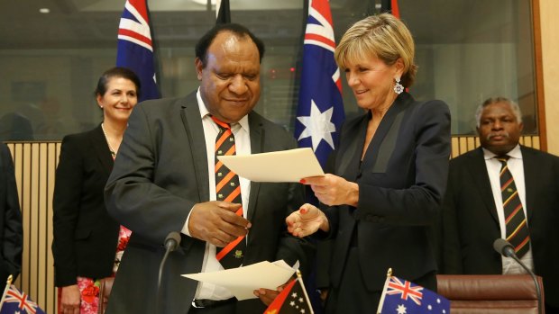 Foreign Affairs Minister Julie Bishop and her PNG counterpart Rimbink Pato in Canberra on Thursday.