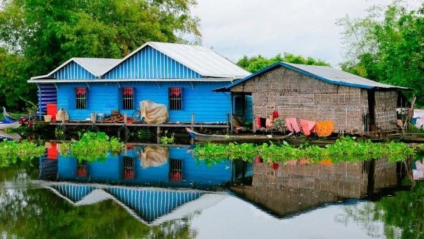 Water villages along Tonle Sap, the largest lake in Southeast Asia.