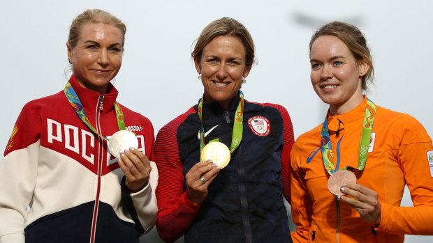 From left:  Silver medalist Olga Zabelinskaya of Russia, gold medalist Kristin Armstrong of the United States and bronze medalist Anna van der Breggen of the Netherlands after their event on Wednesday.