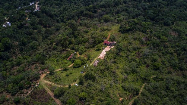 An aerial view of the cartel ranch where Vicky Delgadillo and Carlos Saldana accompanied officials on a search for their missing children, in Naranjales, Mexico.