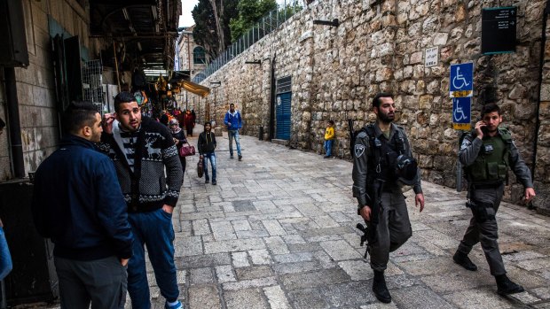Israeli police officers on patrol in Jerusalem's occupied Old City.