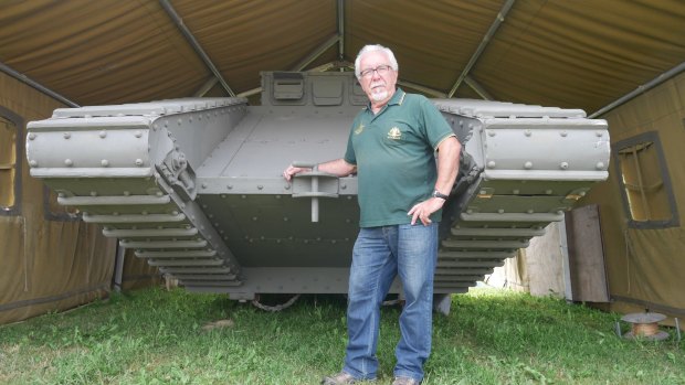 Yves Potard with a replica World War I tank. Barry Gracey and his wife Yvonne have raised $150,000 to buy a site for a proper memorial.