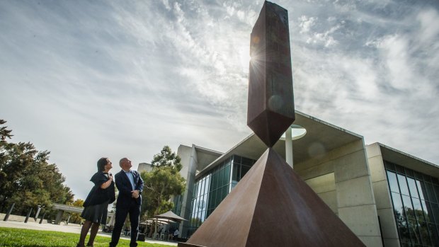 Director of the National Gallery of Australia Gerard Vaughan and senior curator international art Lucinda Ward admire Broken Obelisk. 