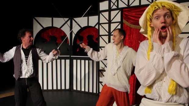 From left, James Scott, Ryan Pemberton and Brendan Kelly in "The Complete Works of William Shakespeare (Abridged)"
