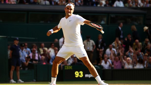 Roger Federer celebrates match point and victory.