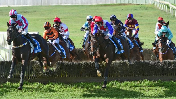 Martin Kelly and Thubiaan (right) jump the Tozer Road double en route to winning the Brierly Steeplechase during Brierly Day at Warrnambool on Tuesday. 