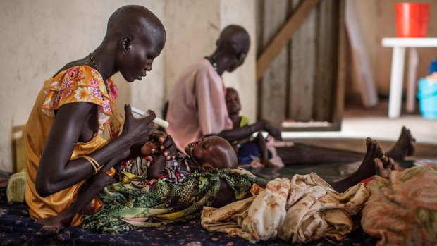 Malnourished children receive treatment at the Leer Hospital in South Sudan in 2014. Aid agencies working in Leer have again been forced to evacuate under the threat of fighting.