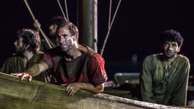Clavius (Joseph Fiennes) and the apostles fish in the Sea of Galilee in Risen.
