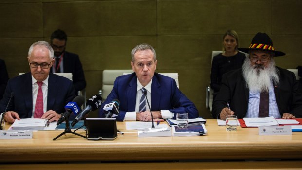 Prime Minister Malcolm Turnbull, Opposition Leader Bill Shorten and Senator Pat Dodson at a meeting of the Indigenous Referendum Council in Sydney.