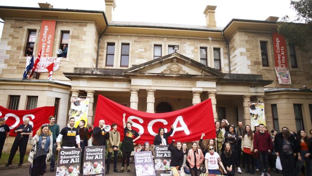 Students protest in front of the Sydney College of Arts on August 30, 2016 in Sydney, Australia. 