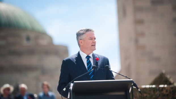 Finance Minister Mathias Cormann delivers the commemorative address at the War Memorial.