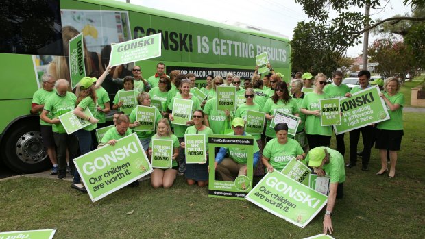 Australian Education Union campaigners showcasing the union's "I Give a Gonski" campaign