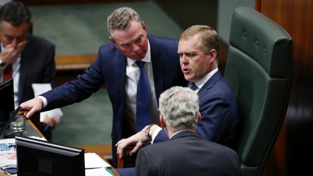 Defence Industry Minister Christopher Pyne, Speaker Tony Smith and manager of opposition business Tony Burke during question time on Monday.