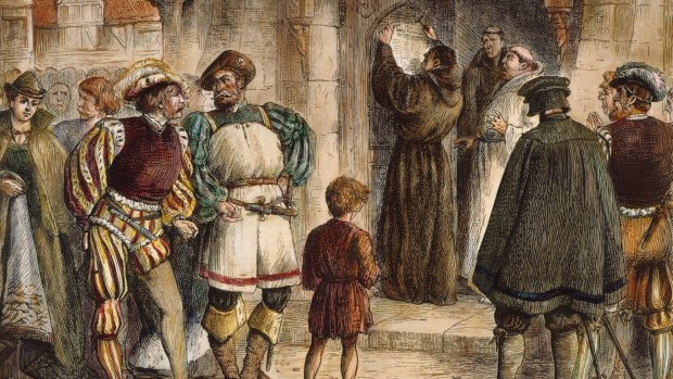 An artist's depiction of Martin Luther nailing his 95 Theses to the door of Wittenberg Castle Church in October 1517.