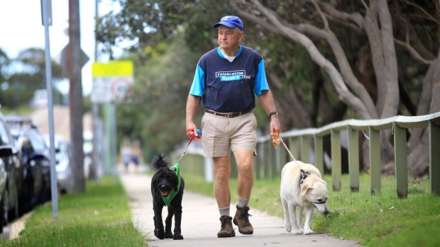 Potential app user: Brian Parcell of Maroubra takes his dogs Ollie and Tessa for a walk.