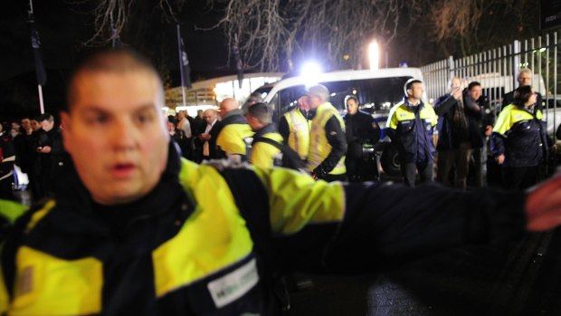 Special forces inside the HDI-Arena after a bomb alert prior the match between Germany and the Netherlands. Europe is on high alert after the terrorist attacks in Paris.