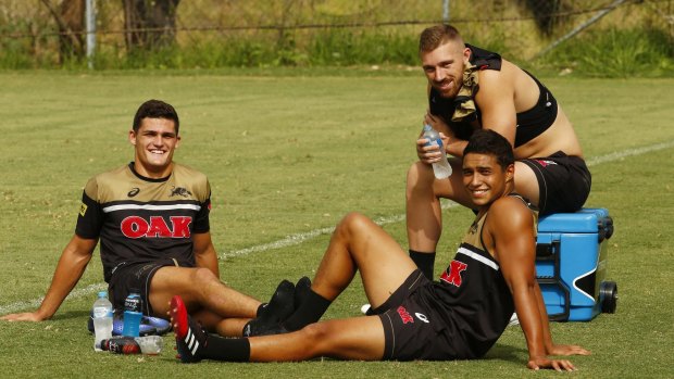 Only room for two: Te Maire Martin (front) might be on his way to the Wests Tigers to accommodate Nathan Cleary (left) and Bryce Cartwright (top right). 