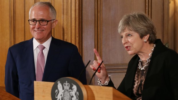 Theresa May holds a press conference with Malcolm Turnbull at Downing Street.