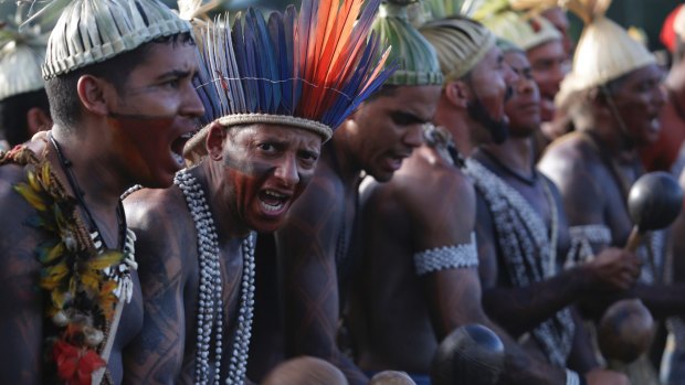 Indigenous people sing and dance during the Indigenous Peoples Ritual March in Brasilia last month.