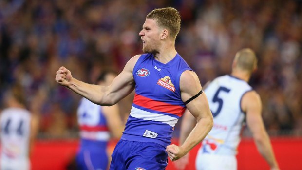 Jake Stringer of the Western Bulldogs celebrates after kicking a goal during the elimination final against Adelaide at the MCG.