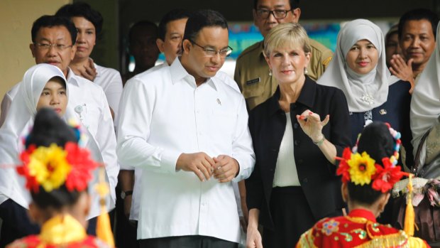 Jakarta gubernatorial candidate Anies Baswedan, then education minister, with Australian Foreign Minister Julie Bishop, last year.