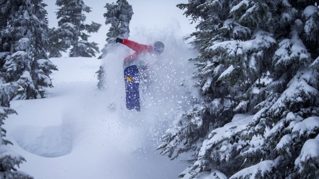 Justin Lamouroux rides deep powder on Blackcomb's Fraggle Rock during the filming of a movie.