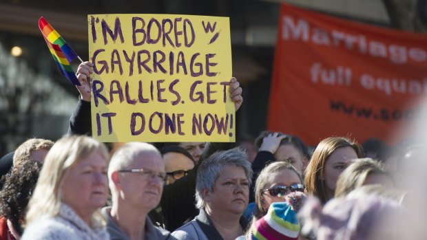 Canberrans turn out in large numbers to show their support for the love in canberra rally for marriage equality.