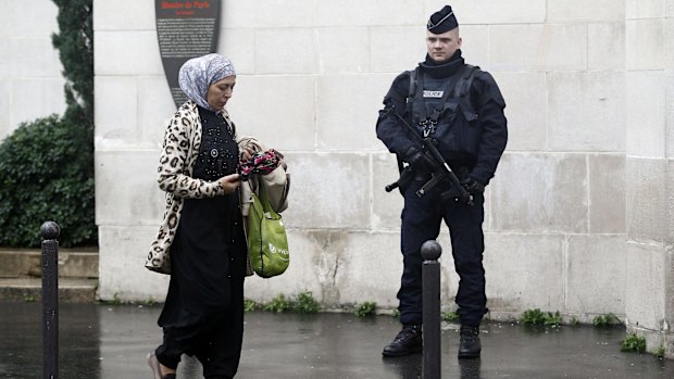 Under suspicion: A Muslim woman walks past a French policeman.