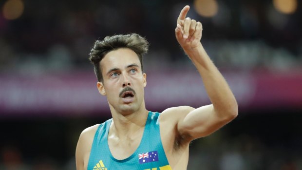 Australia's Luke Mathews reacts after winning his 1500m heat at the World Athletics Championships in London.