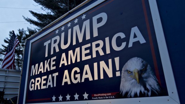 A campaign sign for Donald Trump, millionaire, real estate mogul and 2016 Republican presidential candidate, in Nashua, New Hampshire.